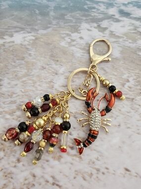 Rhinestone Lobster Purse Charm or Keychain Carnelian Agate Rhodonite Handcrafted